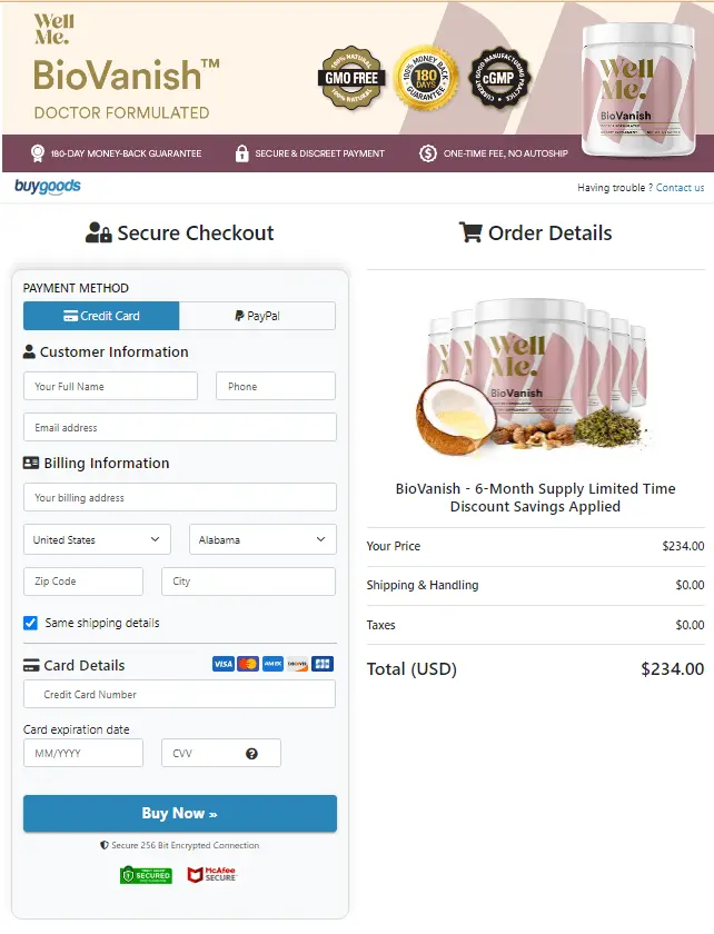 BioVanish order page